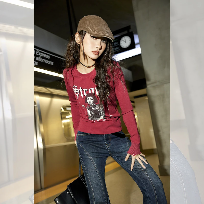 秋装新款印花长袖t恤女打底衫个性上衣内搭外穿圆领上衣Q40102