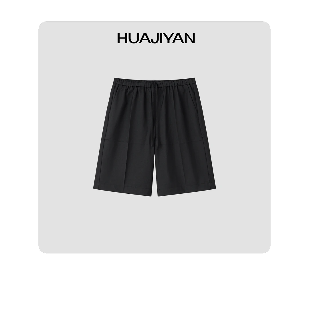 华吉言/HUAJIYAN【黑凌镜】羊毛混纺直线压褶松紧腰五分短裤