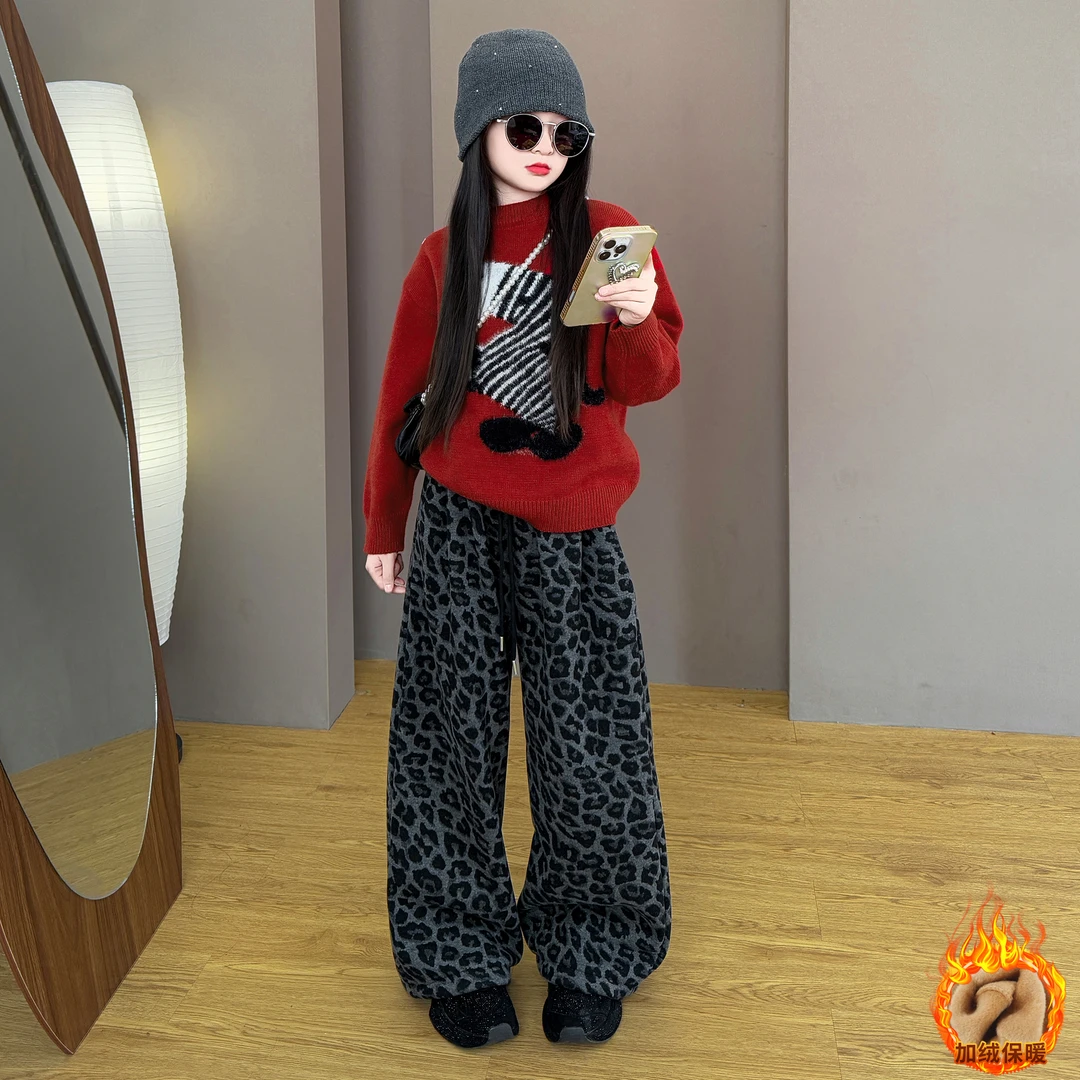 女童2025新款秋冬季韩系马年新年针织毛衣保暖时尚加绒豹纹裤套装