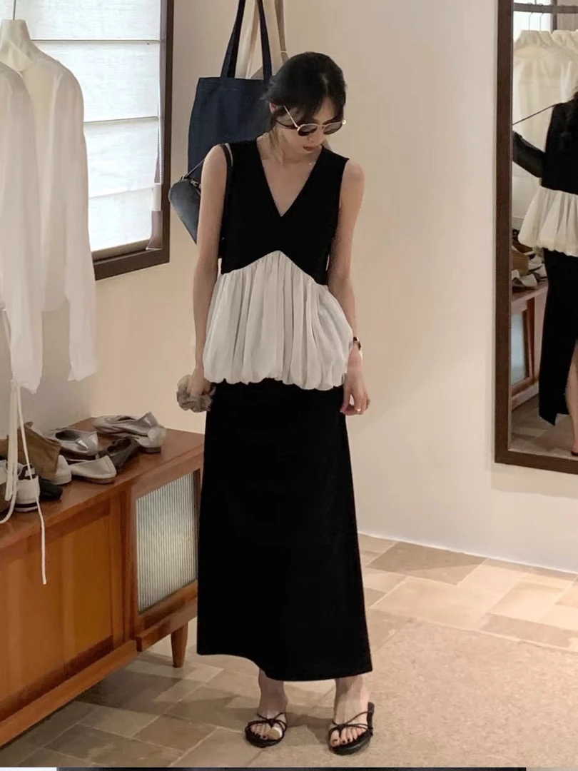 BRIVIN韩系黑白撞色荷叶边拼接无袖衬衫女2025夏设计感显瘦上衣