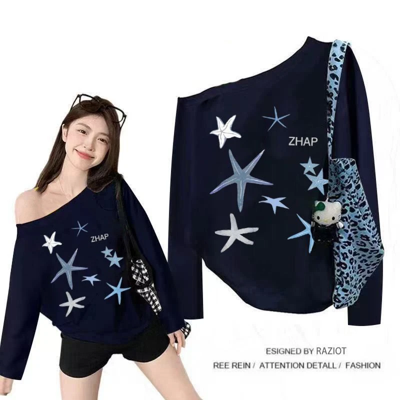 【ZHAP】斜领露肩时尚宽松长袖女藏青色chic斜肩上衣韩版百搭港风潮