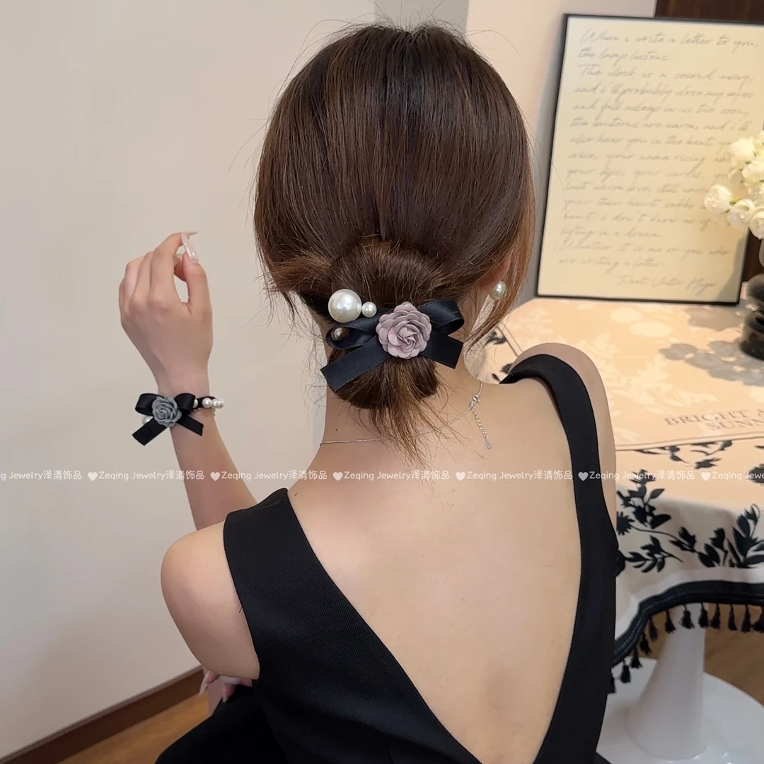 山茶花蝴蝶结发圈韩版玫瑰头绳时尚百搭珠珠发绳女高级感轻奢头饰