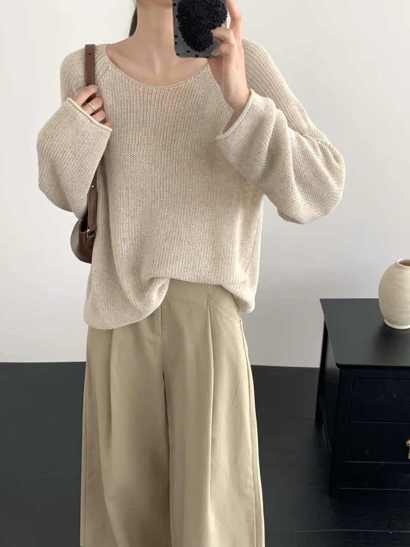 小雨家休闲宽松纯色简约风女春夏设计感针织衫长袖