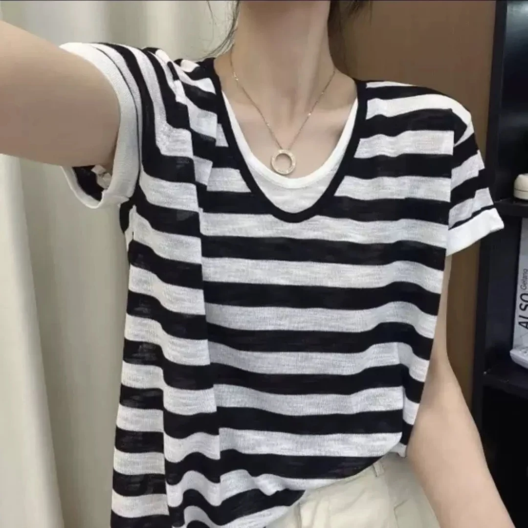 【黑白条纹假两件】夏款拼色假两件针织短袖T恤休闲百搭女