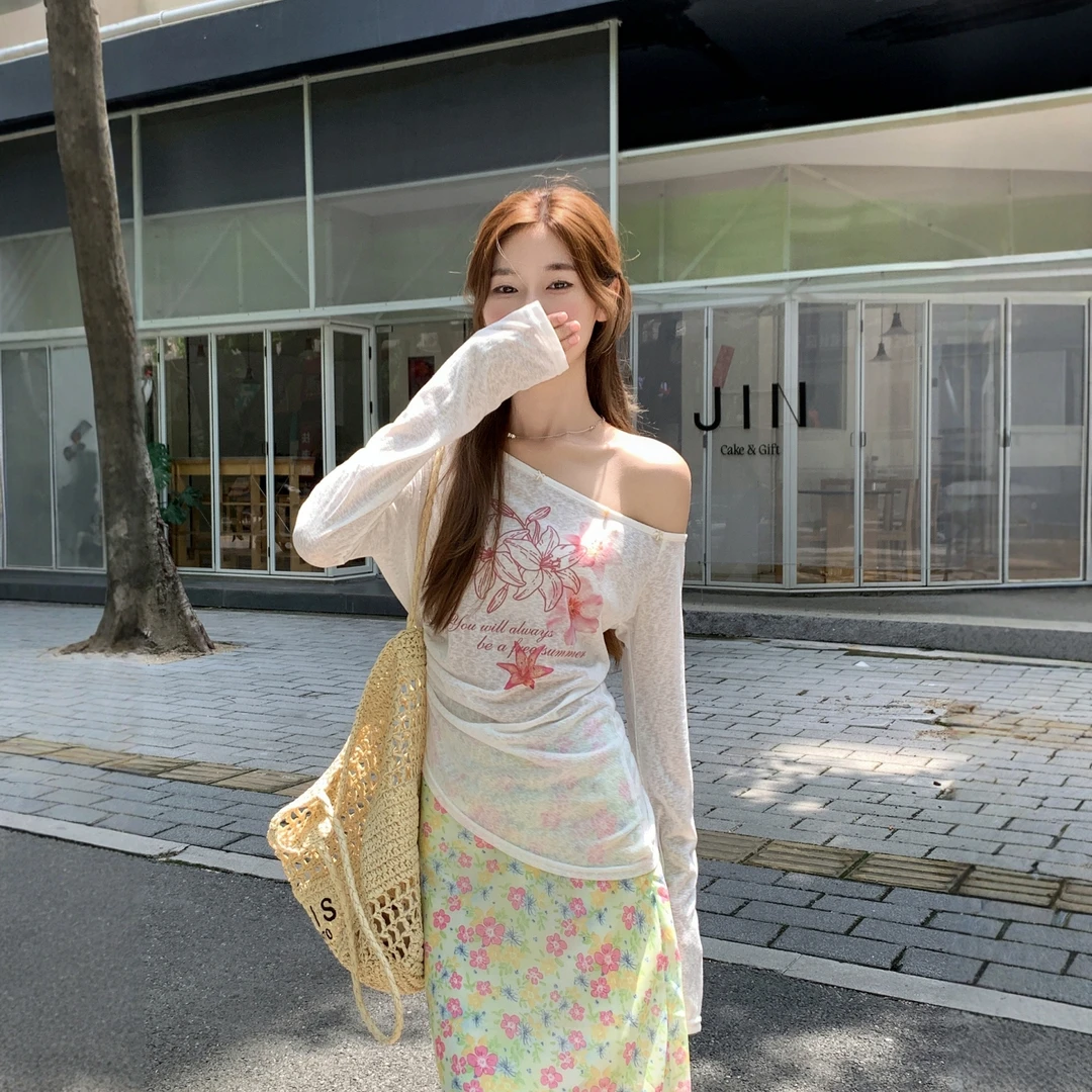 夏季印花薄款长袖t恤女防晒衣2025夏季新款修身外穿空调罩衫上衣