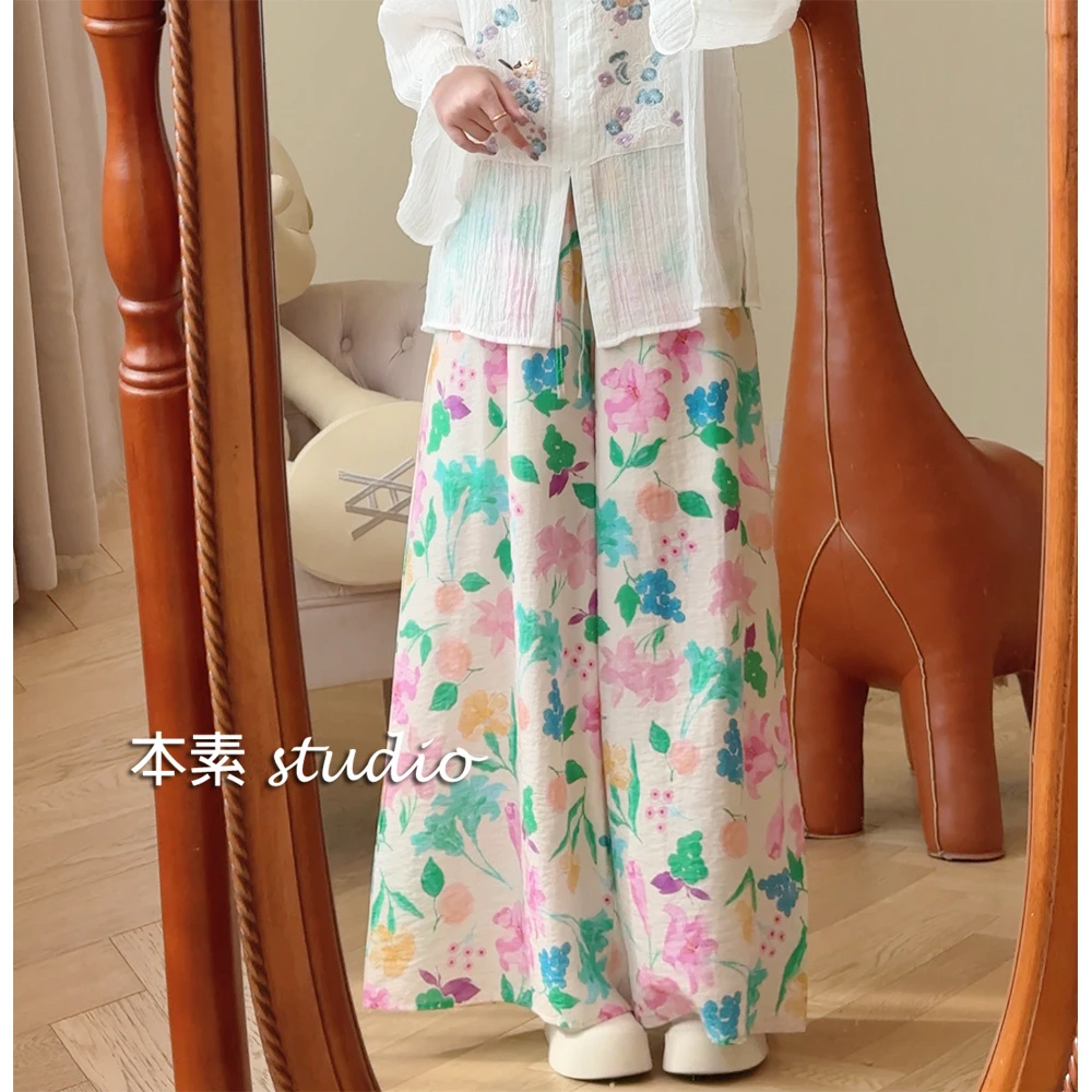 花明Y2545松紧腰抽绳印花宽松阔腿裤