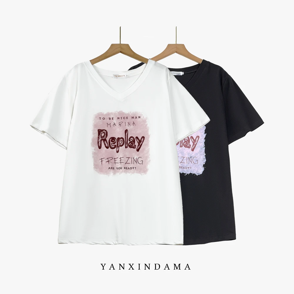 大码女装300斤胖MM时尚百搭显瘦宽松中长款V领印花短袖T恤620