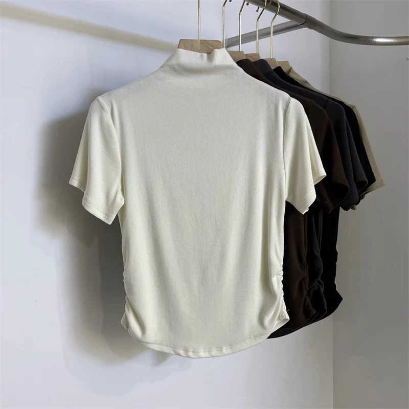 短袖褶皱半高领女士凉感短袖T恤上衣20668