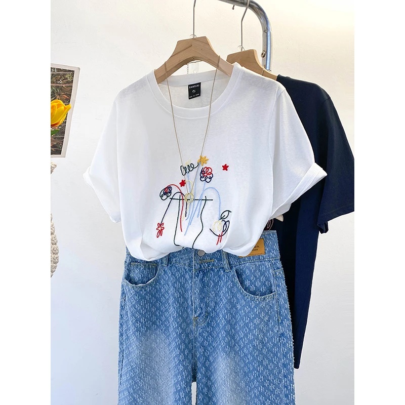 韩系慵懒风雪花棉大码短袖T恤女胖mm200斤夏季新款刺绣圆领上衣服