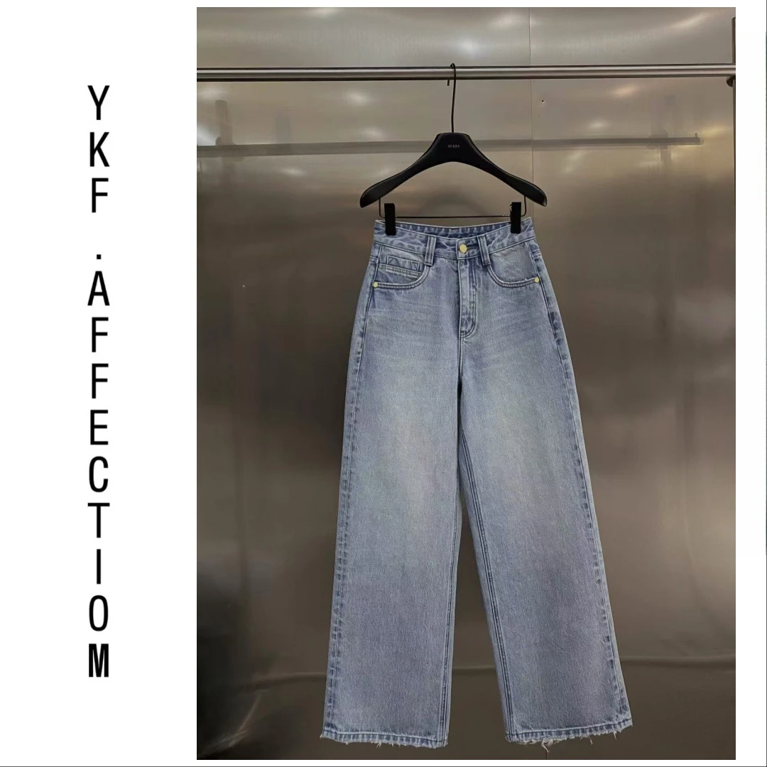 高腰休闲直筒弯刀高奢小黄扣牛仔裤79058