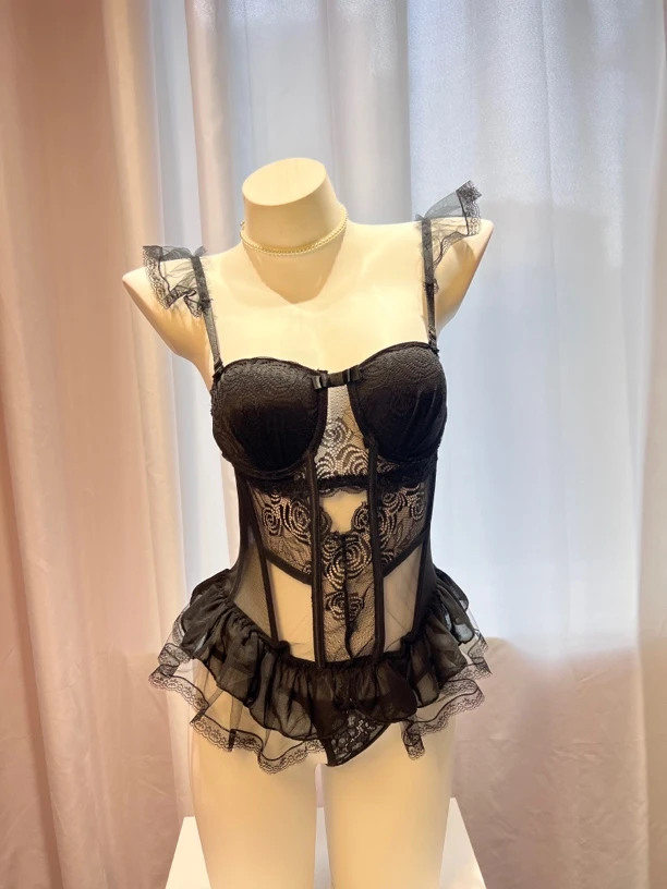 泡泡星85-180斤鱼骨性感甜酷辣妹吊带美背显瘦带胸垫蕾丝纯欲镂空