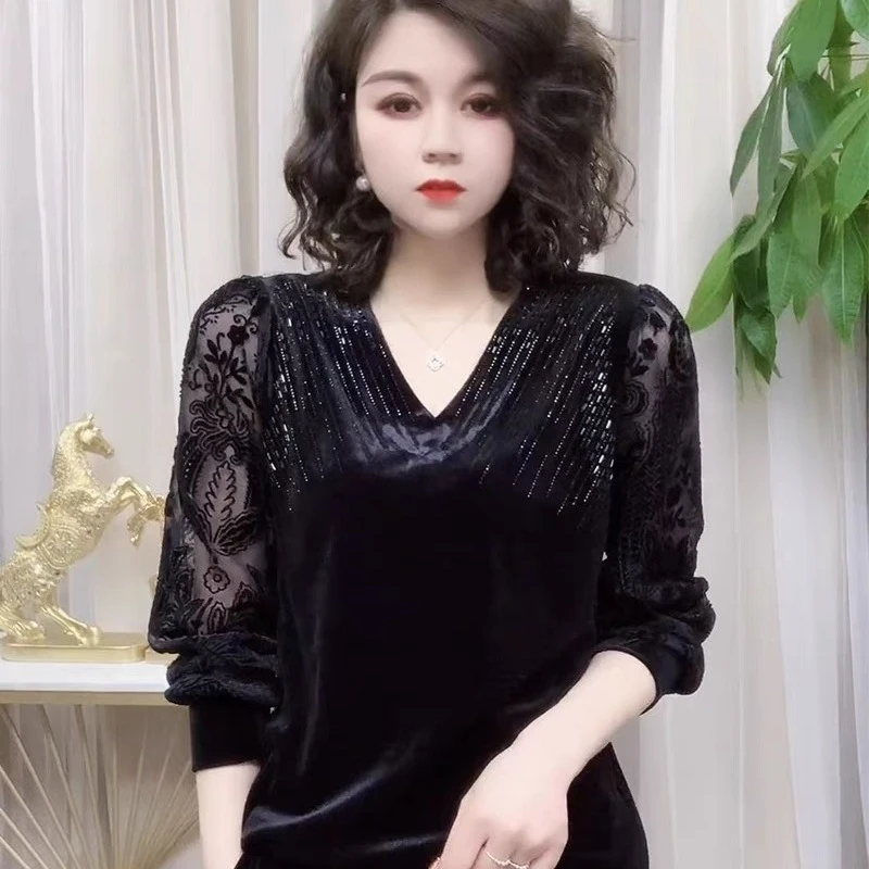 秋季新款长袖打底衫大码遮肚子显瘦气质百搭烫钻t恤洋气上衣女