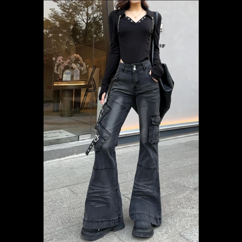 【现货】11556弹力紧身喇叭裤重工工装喇叭裤2025新款高街设计感女