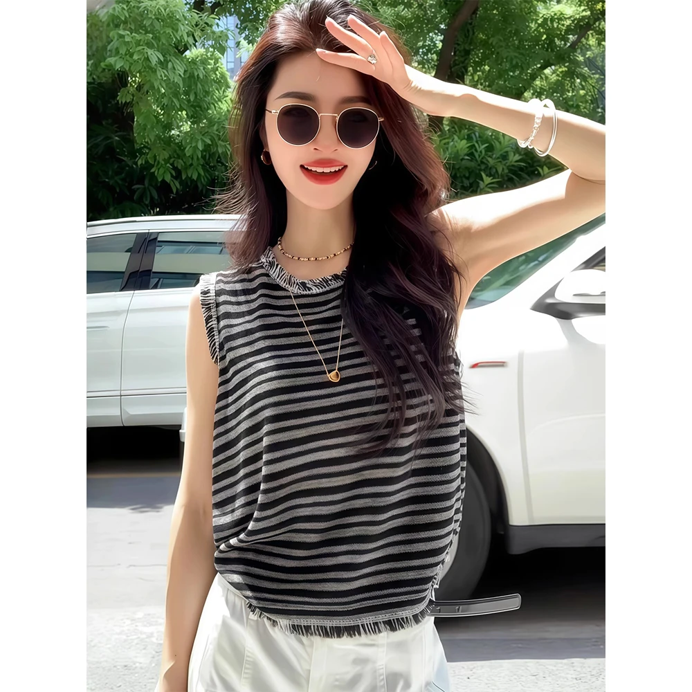 韩版圆领独特撞色条纹针织背心无袖女夏季设计感流苏薄款套头上衣