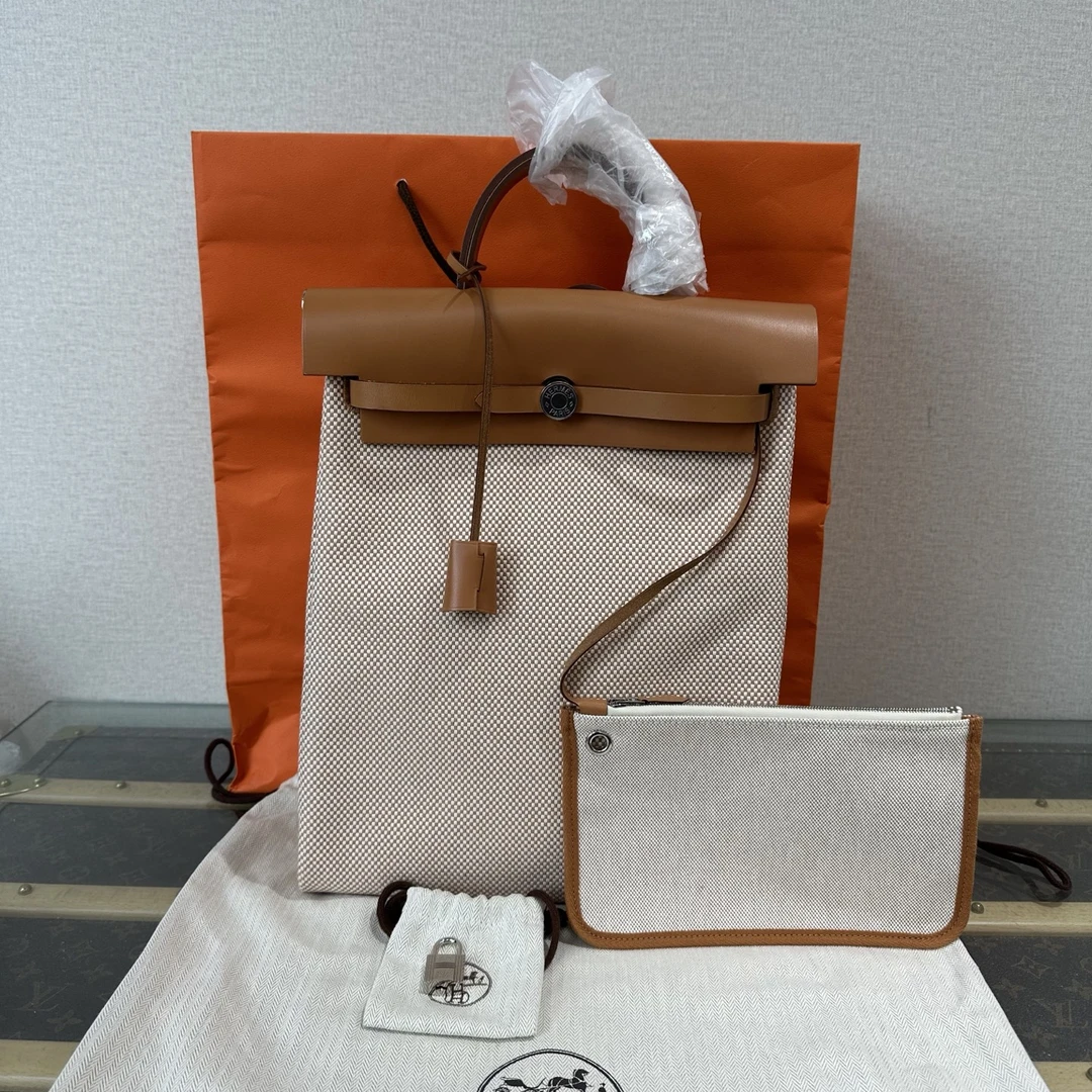99新 Hermes/爱马仕 帆布拼皮竖版herbag子母双肩背包 13464