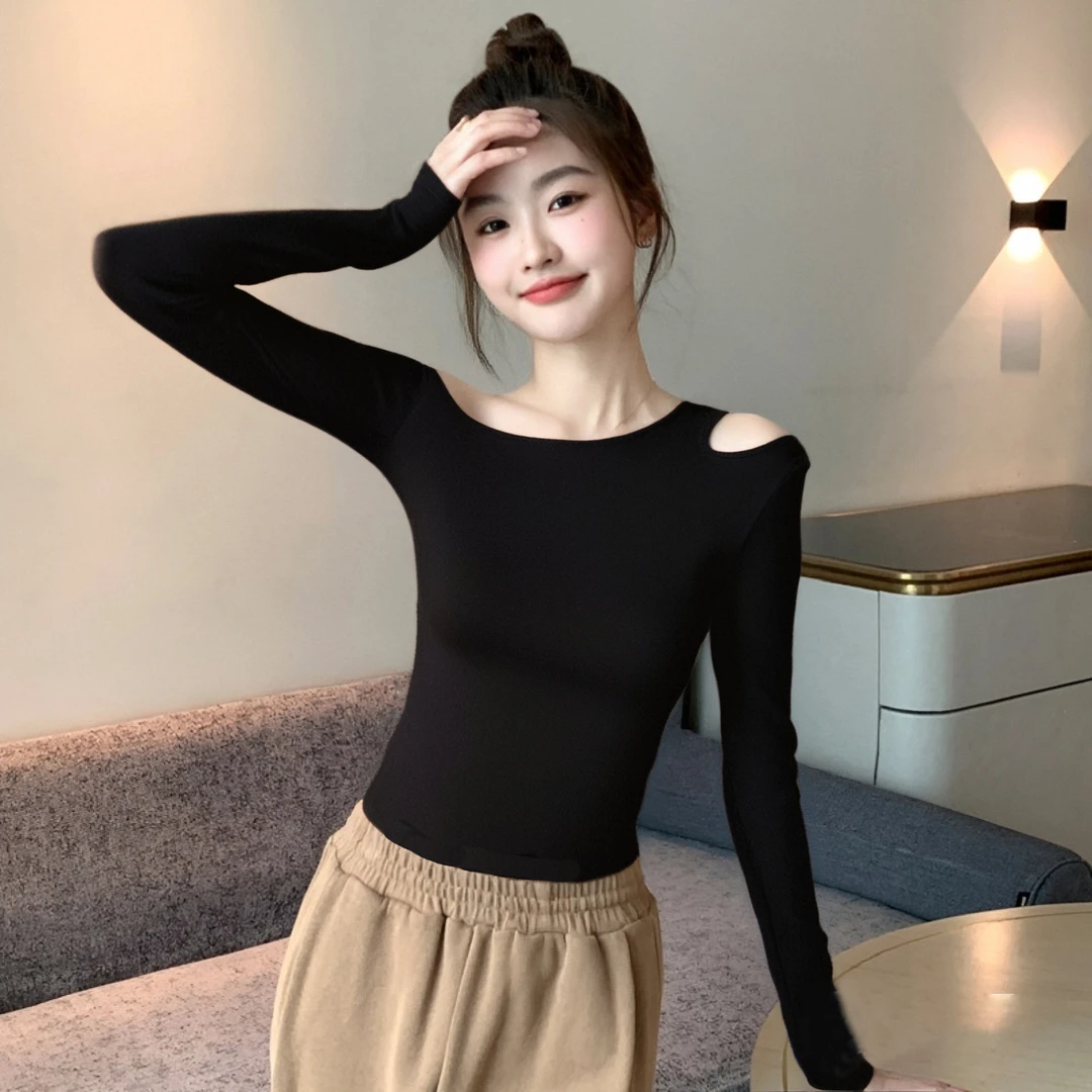 早秋新款上衣女斜领长袖t恤内搭修身百搭气质露肩性感洋气打底衫