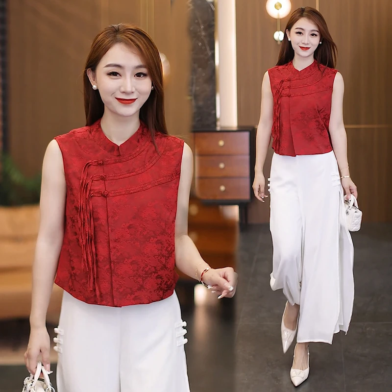 新中式气质短袖衬衫女时髦印花无袖上衣夏日爆款国风盘扣立领衬衣