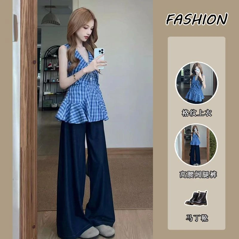 套装女2025夏季新款韩系减龄无袖V领格纹上衣高腰阔腿裤两件套潮
