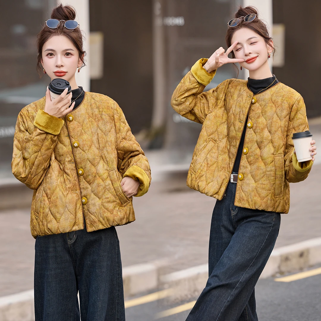 新中式国风复古提花棉衣外套女2025冬季新款丝绒拼接保暖短款棉服