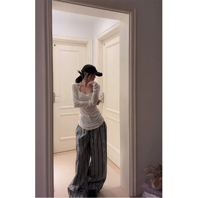 简约度假风气质修身内搭吊带背心薄款长袖罩衫格子阔腿裤三件套女