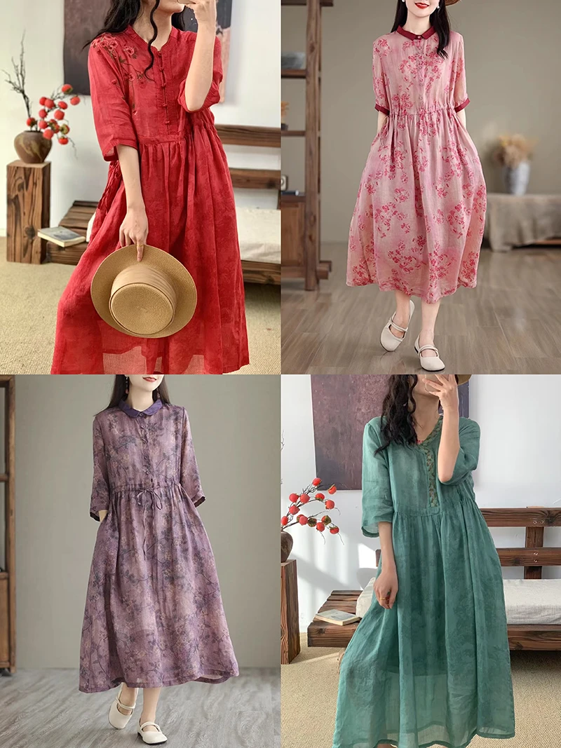 纯苎麻连衣裙2025夏季新款中长款裙子编号1-70