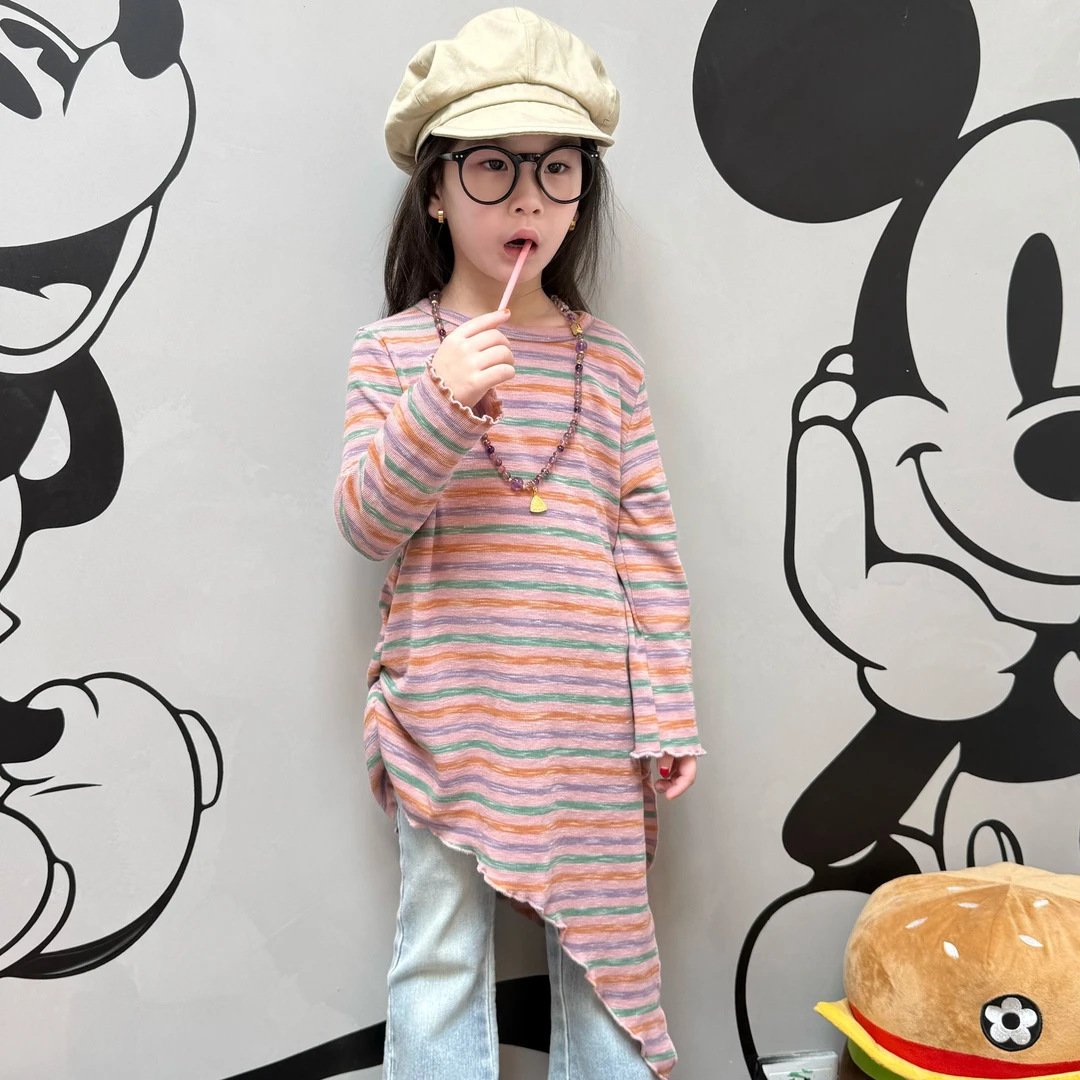 大金定制宝宝春款韩系风彩色条纹拼接圆领不规则棉感宽松连衣裙