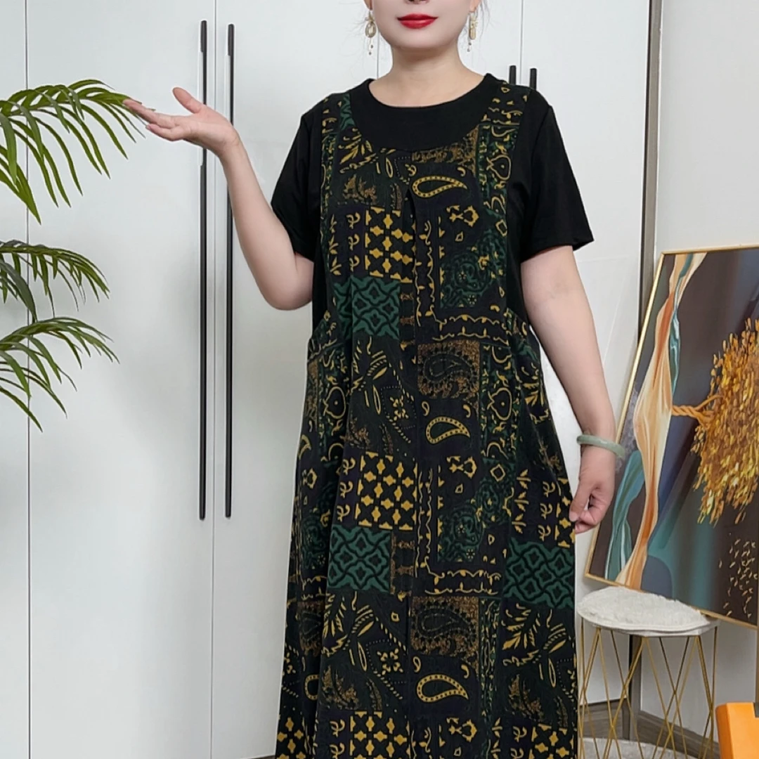 夏季过膝大码假两件薄款透气印花中长款遮肚显瘦时尚妈妈连衣裙