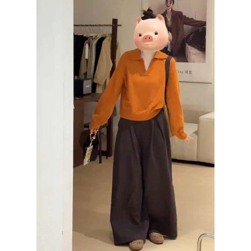 巨好看的橘色翻领套头毛衣女秋冬季慵懒风长袖针织衫早秋chic上衣