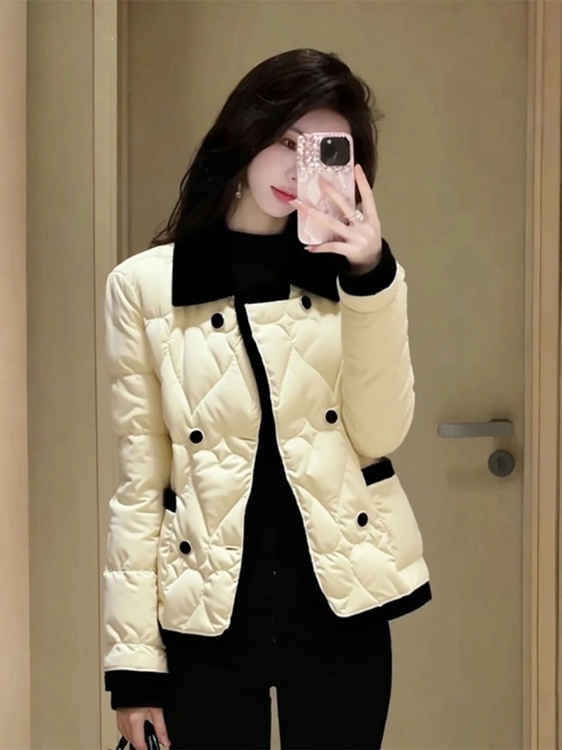 米杏色夹棉短款外套女冬季高端时髦名媛小香风超好看翻领加厚棉服