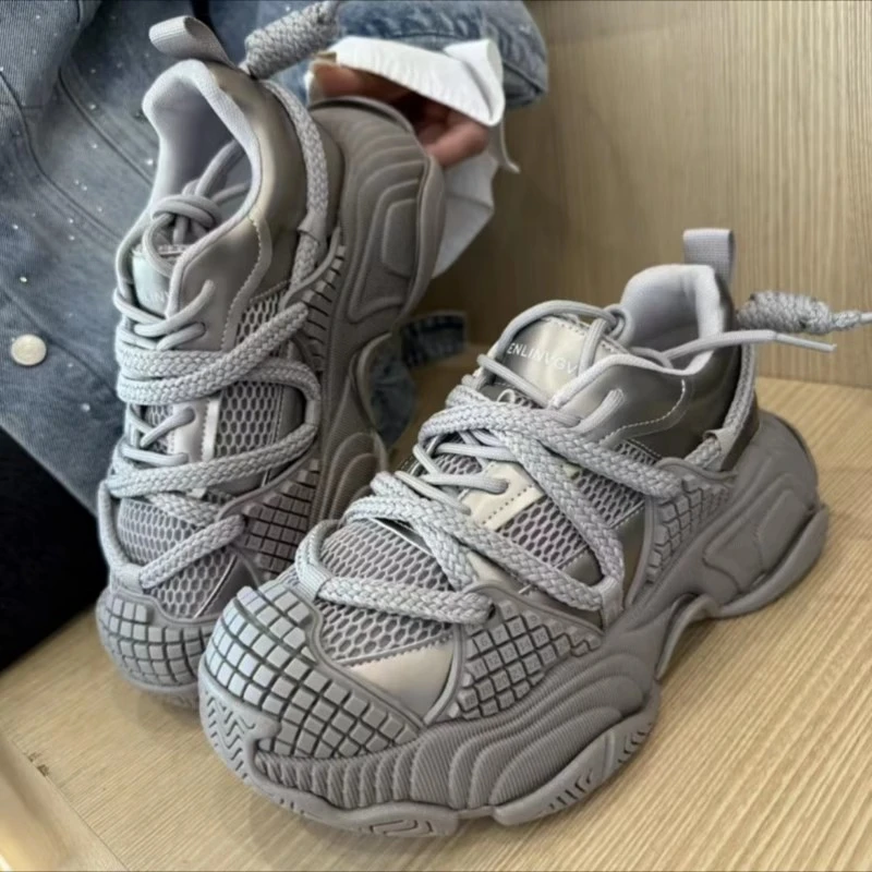 欧洲站真皮键盘花生厚底老爹鞋女2025春季新款绑带网面休闲运动鞋