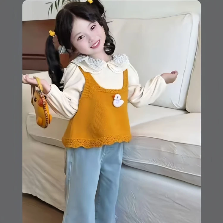 2025秋款可爱娃娃领针织马甲蝴蝶结牛仔裤三件套