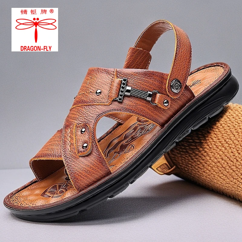 蜻蜓牌夏季皮凉鞋防滑耐磨真皮牛皮外穿两用拖鞋沙滩软底舒适男鞋