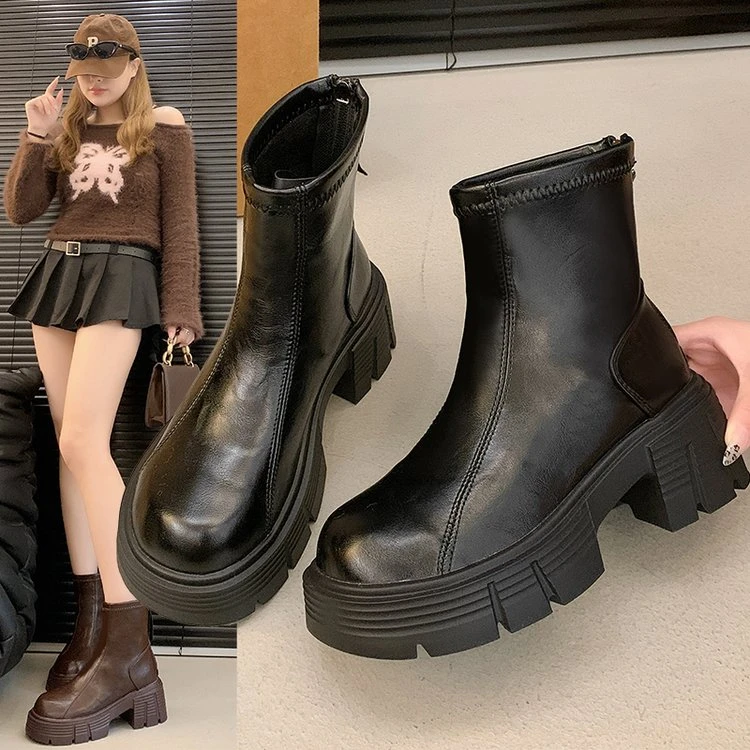 厚底短靴女2024新款春秋季英伦风瘦瘦靴真皮单靴秋冬小个子马丁靴