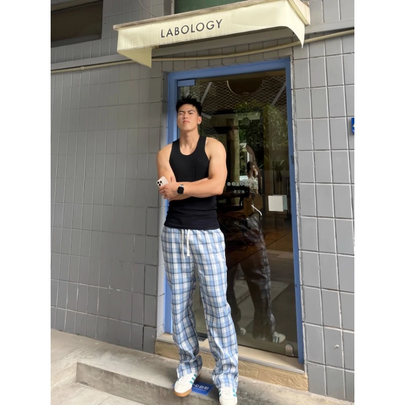 北卡蓝格子直筒微喇叭裤子男生美式宽松休闲日常cleanfit阔腿裤潮