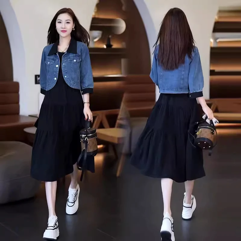 时尚洋气套装裙女2025春秋新款时髦短款牛仔外套连衣裙显瘦两件套