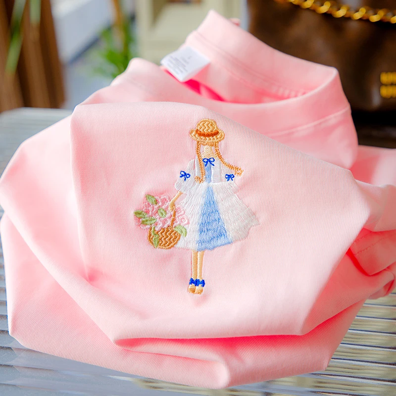 刺绣花篮女孩纯棉白色短袖t恤女2025新款爆款女装洋气半袖t恤短袖