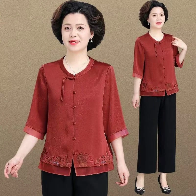 罗蒙中年妈妈新中式雪纺小衫2025春夏新款轻薄国风套装中袖T恤衫