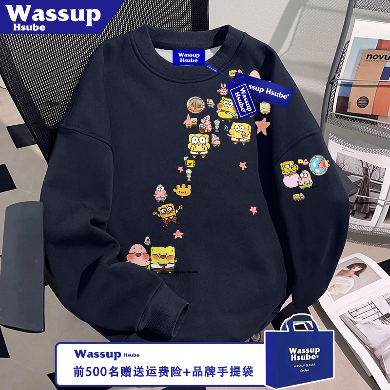 WASSUP HSUBE海绵宝宝印花加绒藏青卫衣高街秋冬季男女款保暖上衣