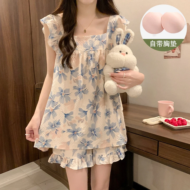 甜美风花朵吊带睡衣女款夏季带胸垫一体绉布棉2025新款夏天家居服