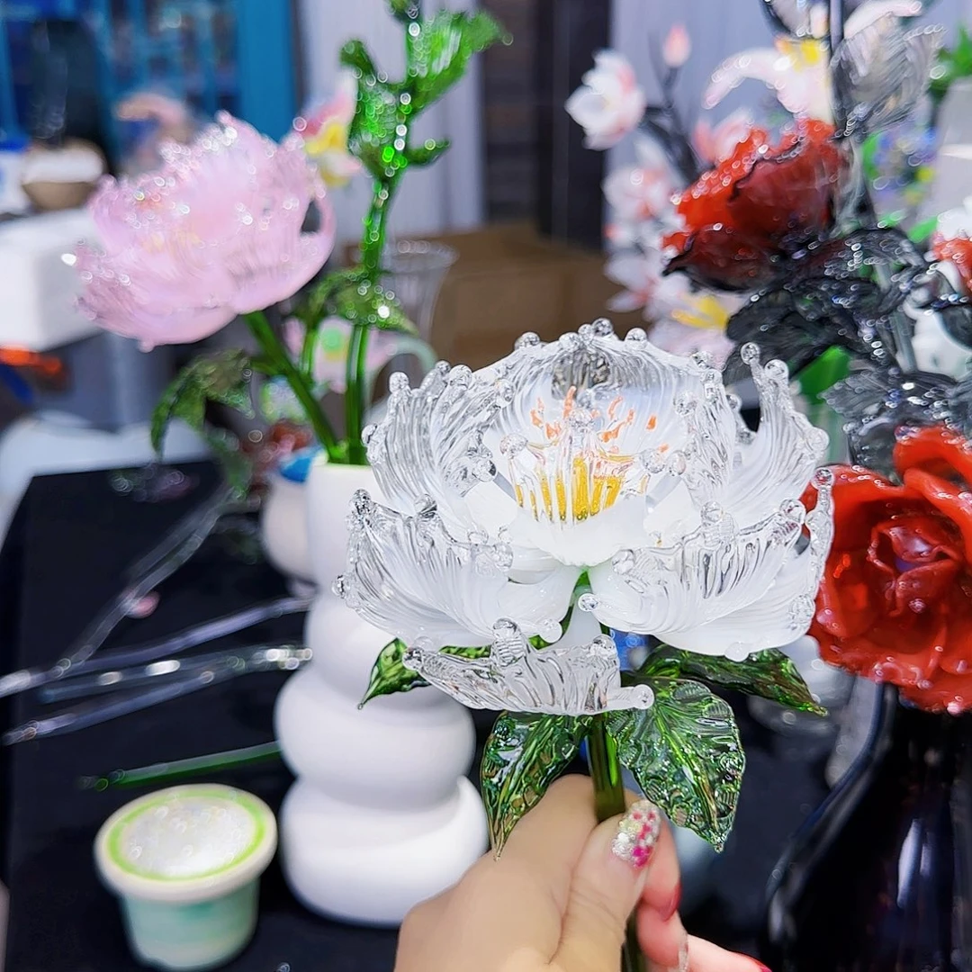 手工艺品琉璃湖蓝牡丹透白牡丹杆子