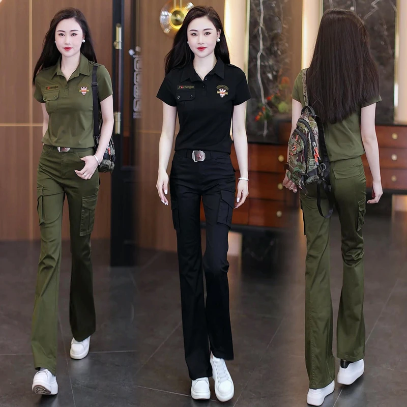 2025年女夏季新款迷彩服喇叭裤工装减龄翻领短袖水兵舞蹈服两件套