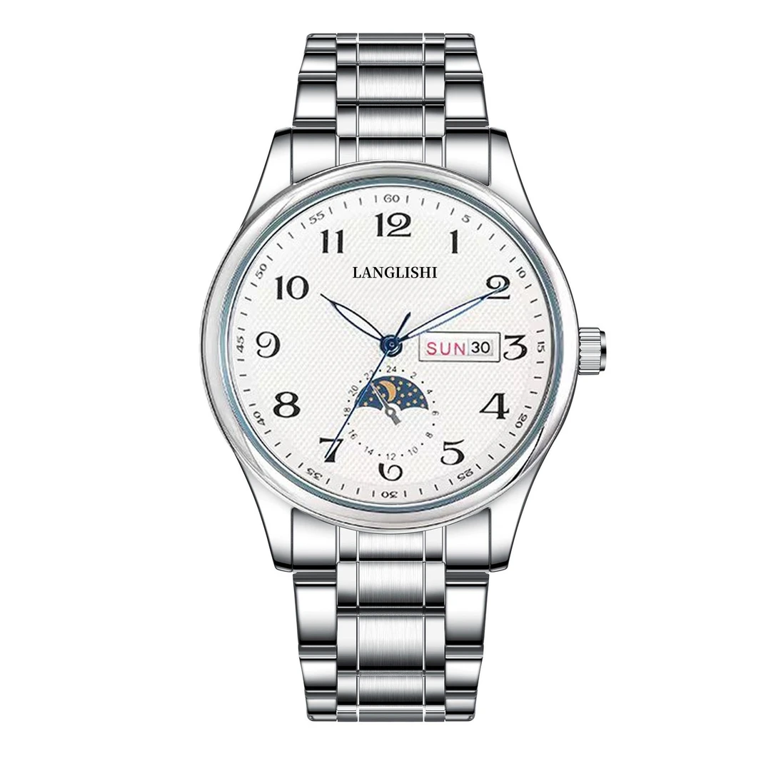 【新年福利】男士经典白盘月相数字钢带双日蓝针夜光手表潮商务腕表