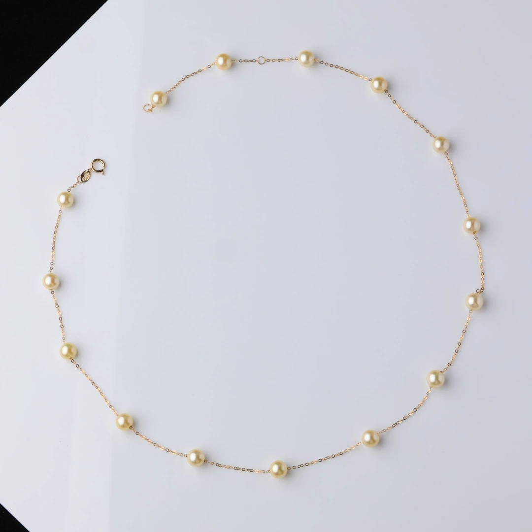 海水羽黄色珍珠项链5-6mm18K金镶嵌满天星珍珠新风尚百搭清新款