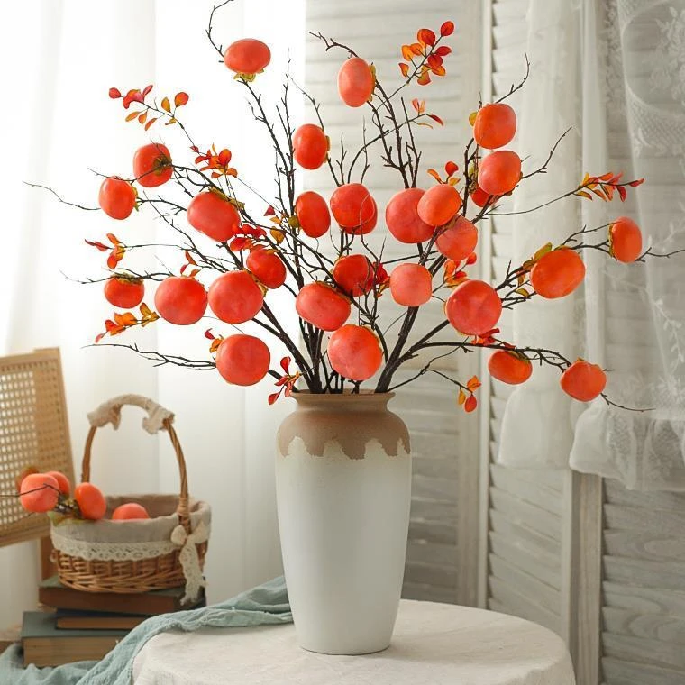 仿真柿子果实柿柿如意插花摆件高档年宵花束客厅过年装饰干花摆设