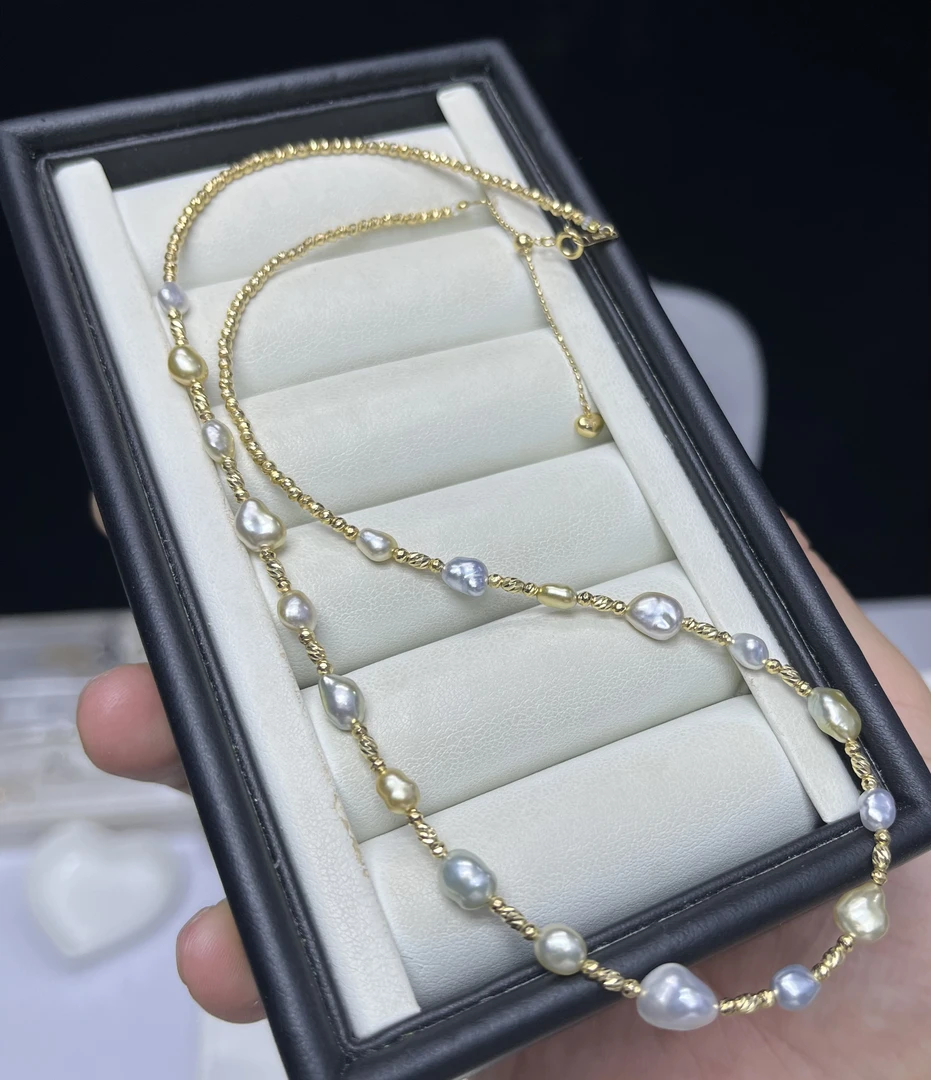 天然海水澳白金珠keshi珍珠18k金锁骨链