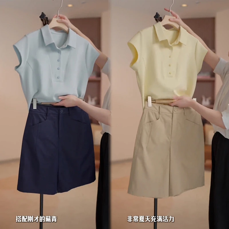 夏季减龄时尚女装polp领短袖T恤宽松显瘦阔腿休闲短裤中裤两件套