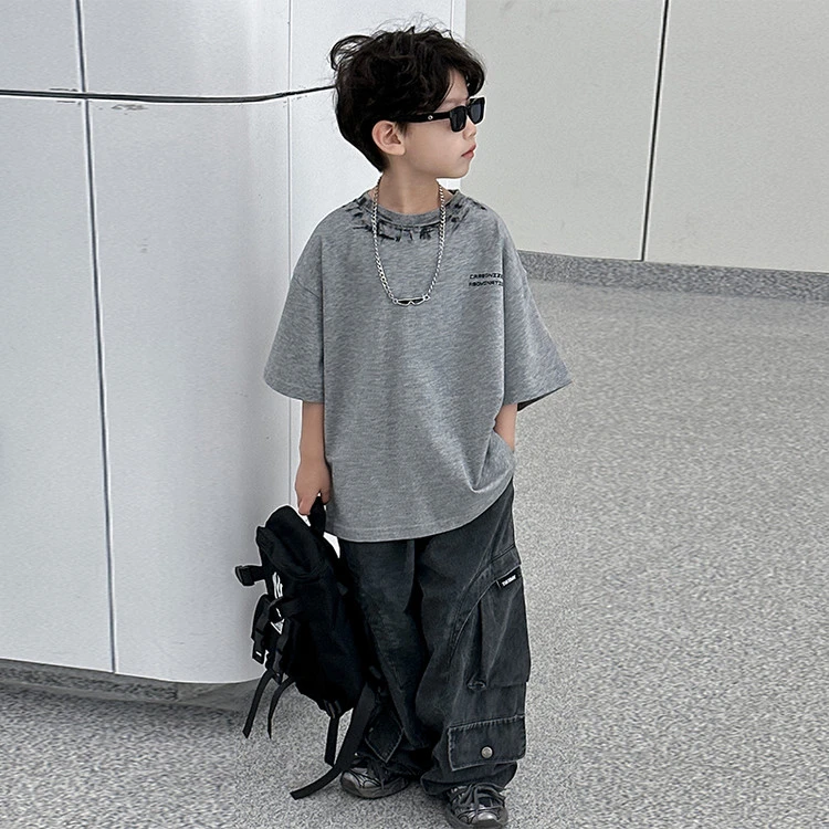 HY2549儿童韩版T恤2025夏季时尚纯棉上衣中小童宽松圆领套头衫