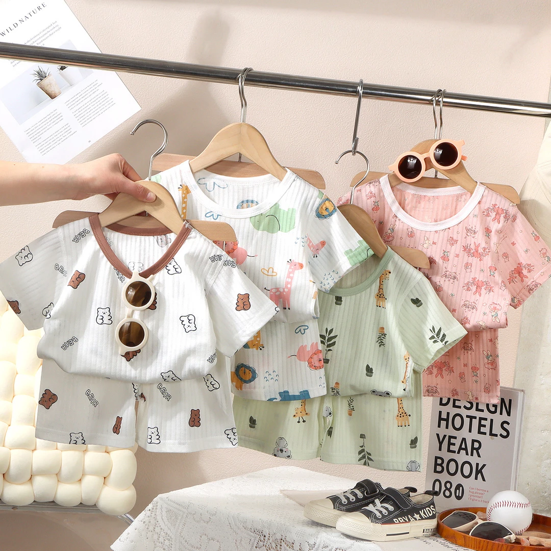 儿童夏季短袖薄款空调服宝宝分体套装提花汗布男女童短裤家居睡衣