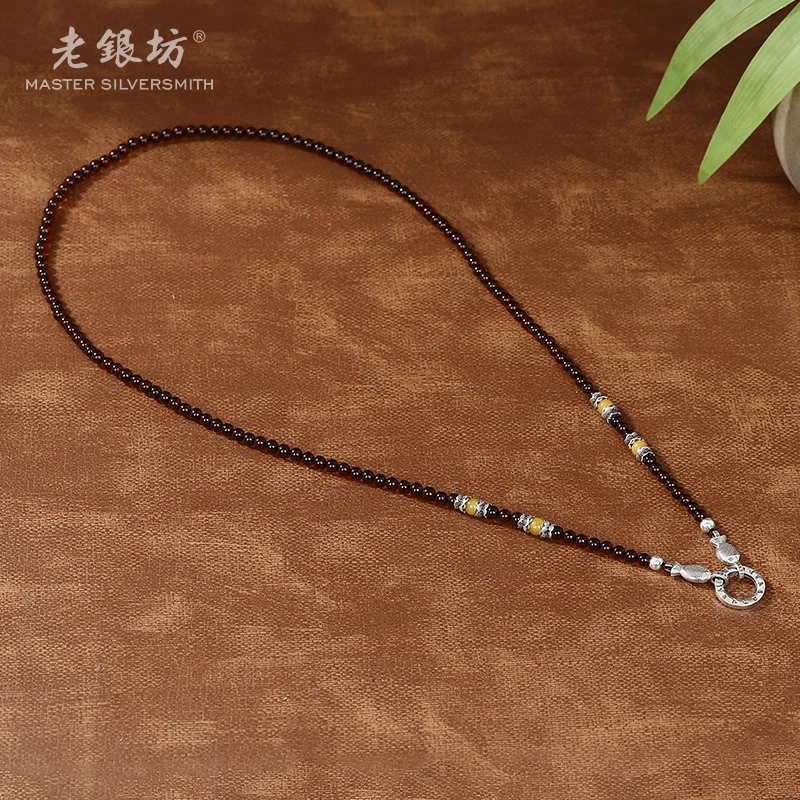 【老银坊】s925银血珀双鱼六字百搭扣链毛衣链 0022934