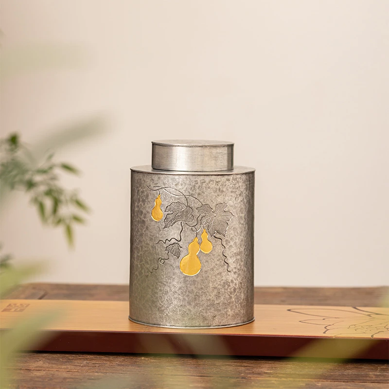 蜂鸟工坊 锡雕侠侣 锡器 嵌葫芦长桶形茶叶罐 WCXCYG090